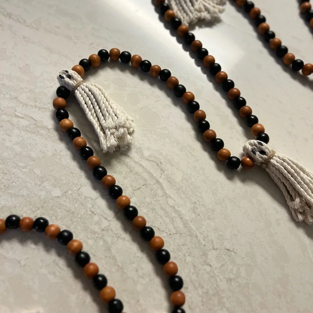 Wooden Halloween Garland 7Ft Ghosts Beaded Handmade Cottage Rustic Farmhouse